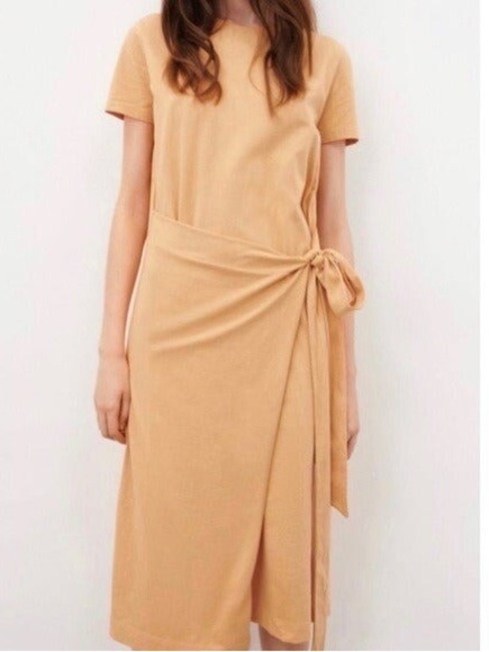 Zara Camel Knot Side T-Shirt Midi Dress Short Sleeve Size S